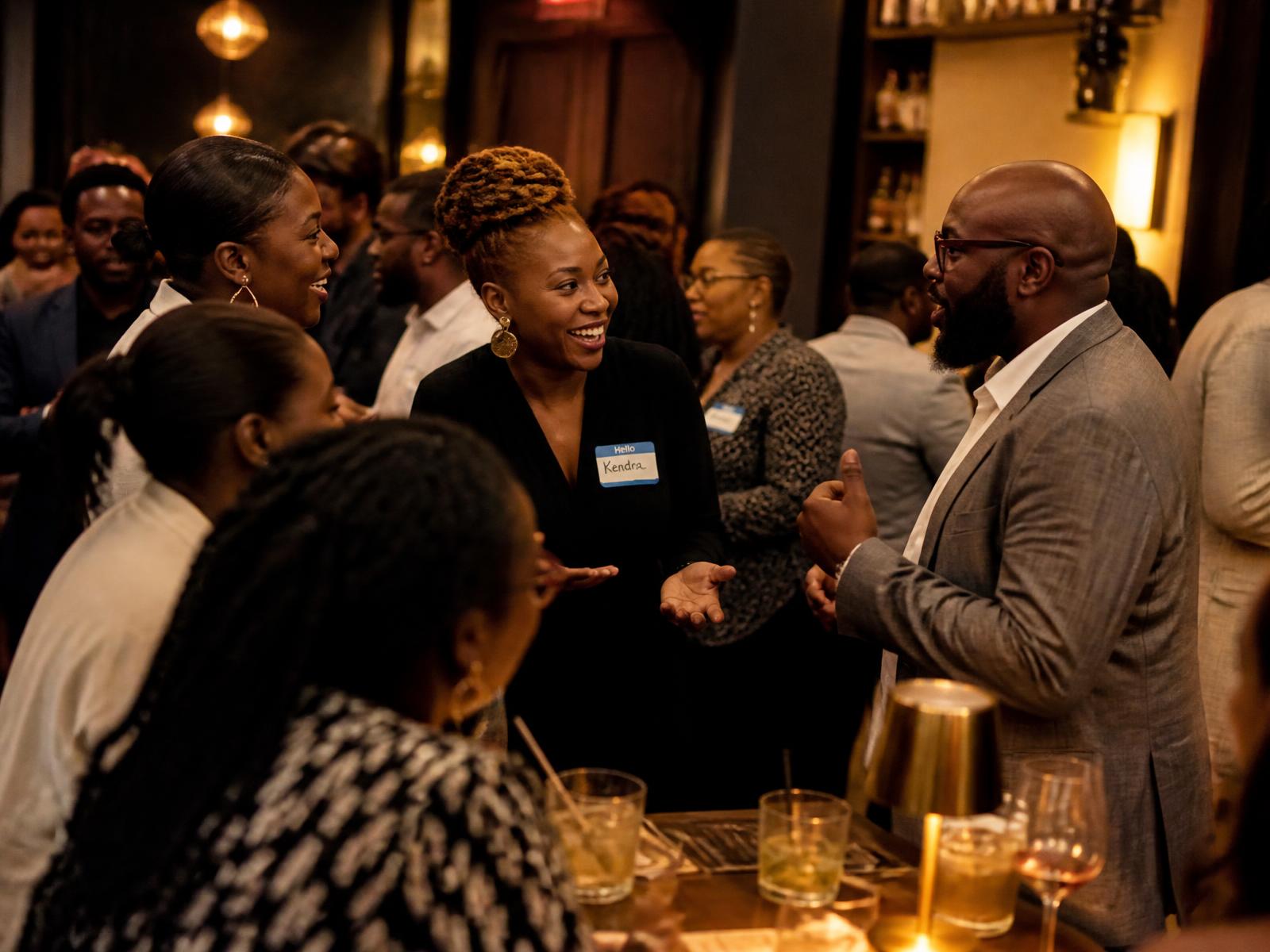 Black professionals talking and laughing together at an evening networking gathering